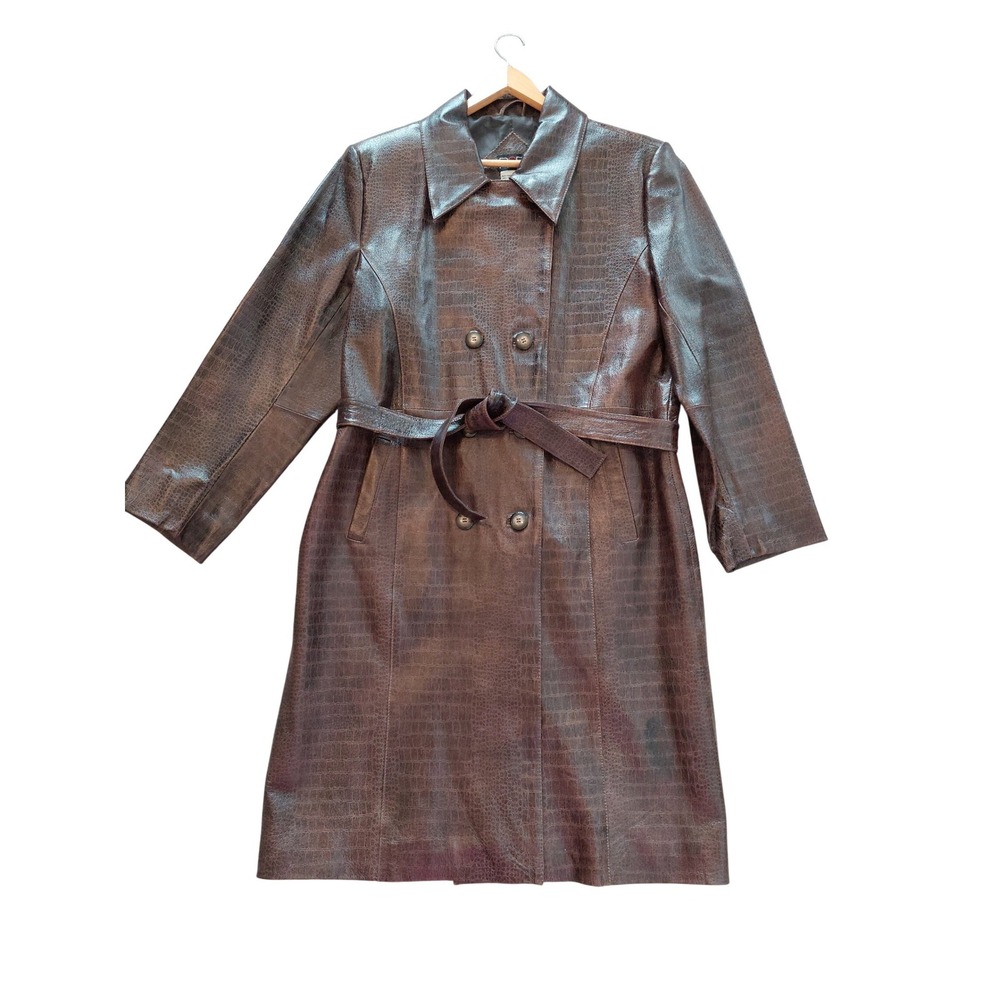 R2R Brown Genuine Leather Belted Trench Coat Double Breasted Size Large Vintage